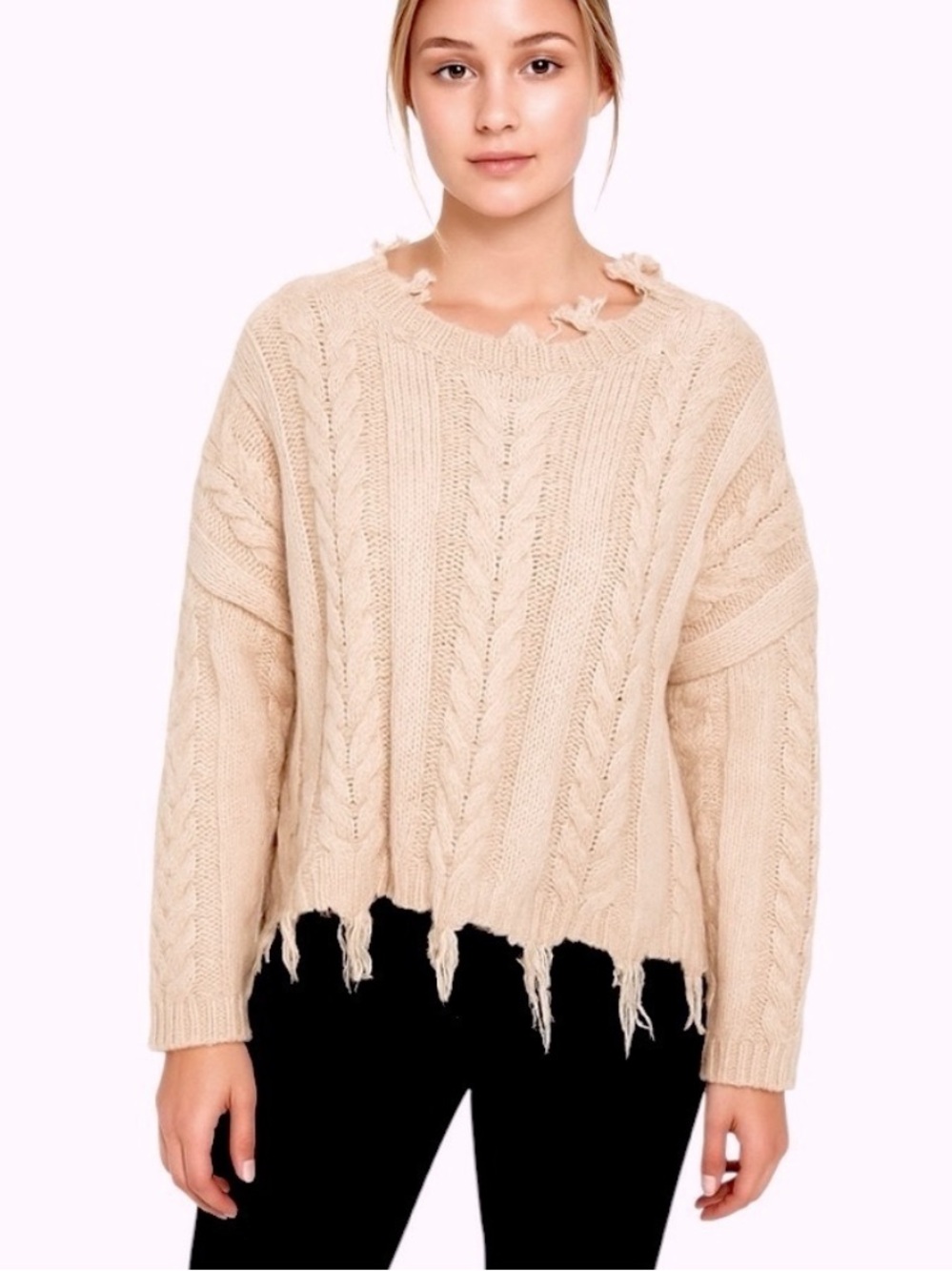 Altar'd State Coquette Cable Knit Distressed Fringe Sweater NWOT Sz M